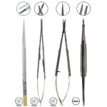 kit microcirugía 18cm tc / acero, pinzas, porta agujas y tijeras, puntas rectas, 4 piezas