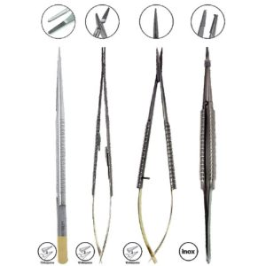 kit microcirugía 18cm tc / acero, pinzas, porta agujas y tijeras, puntas rectas, 4 piezas